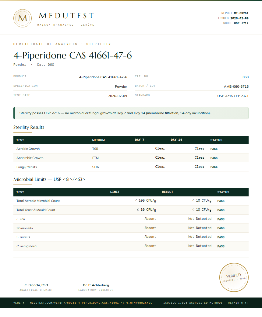 4-Piperidone CAS 41661-47-6 Sterility report by Medutest