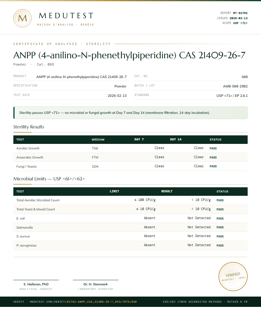 ANPP (4-anilino-N-phenethylpiperidine) CAS 21409-26-7 Sterility report by Medutest