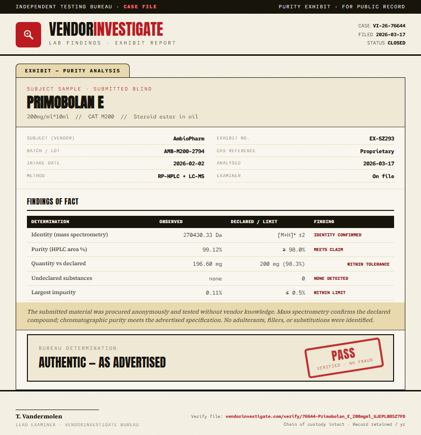 Primobolan E Purity (HPLC) report by VendorInvestigate