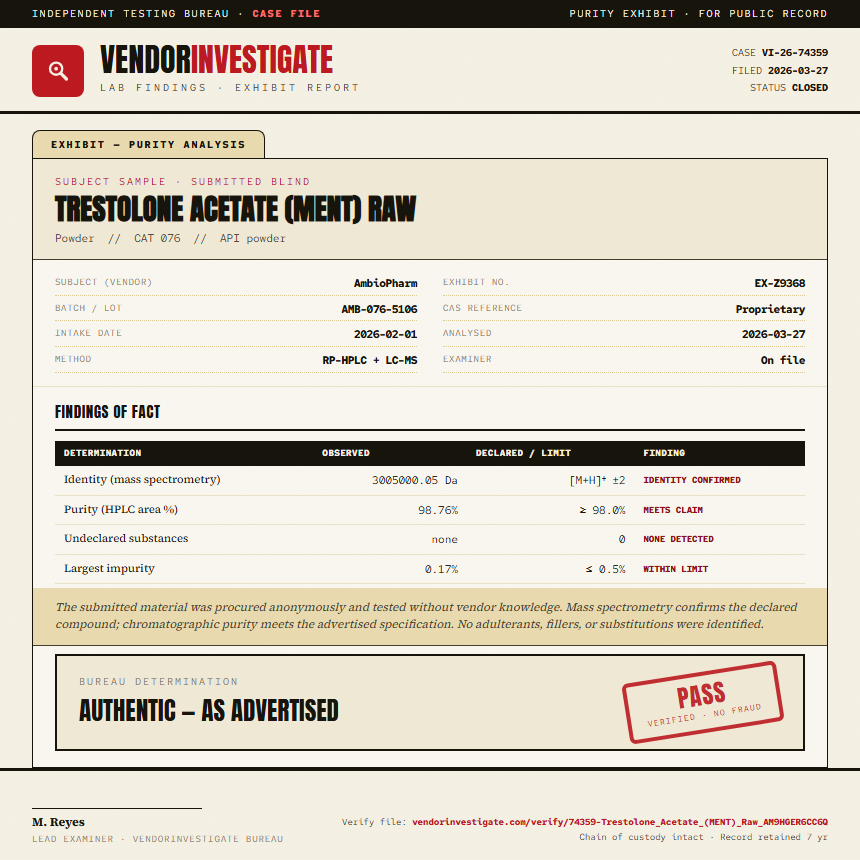 Trestolone Acetate (MENT) Raw Purity (HPLC) report by VendorInvestigate